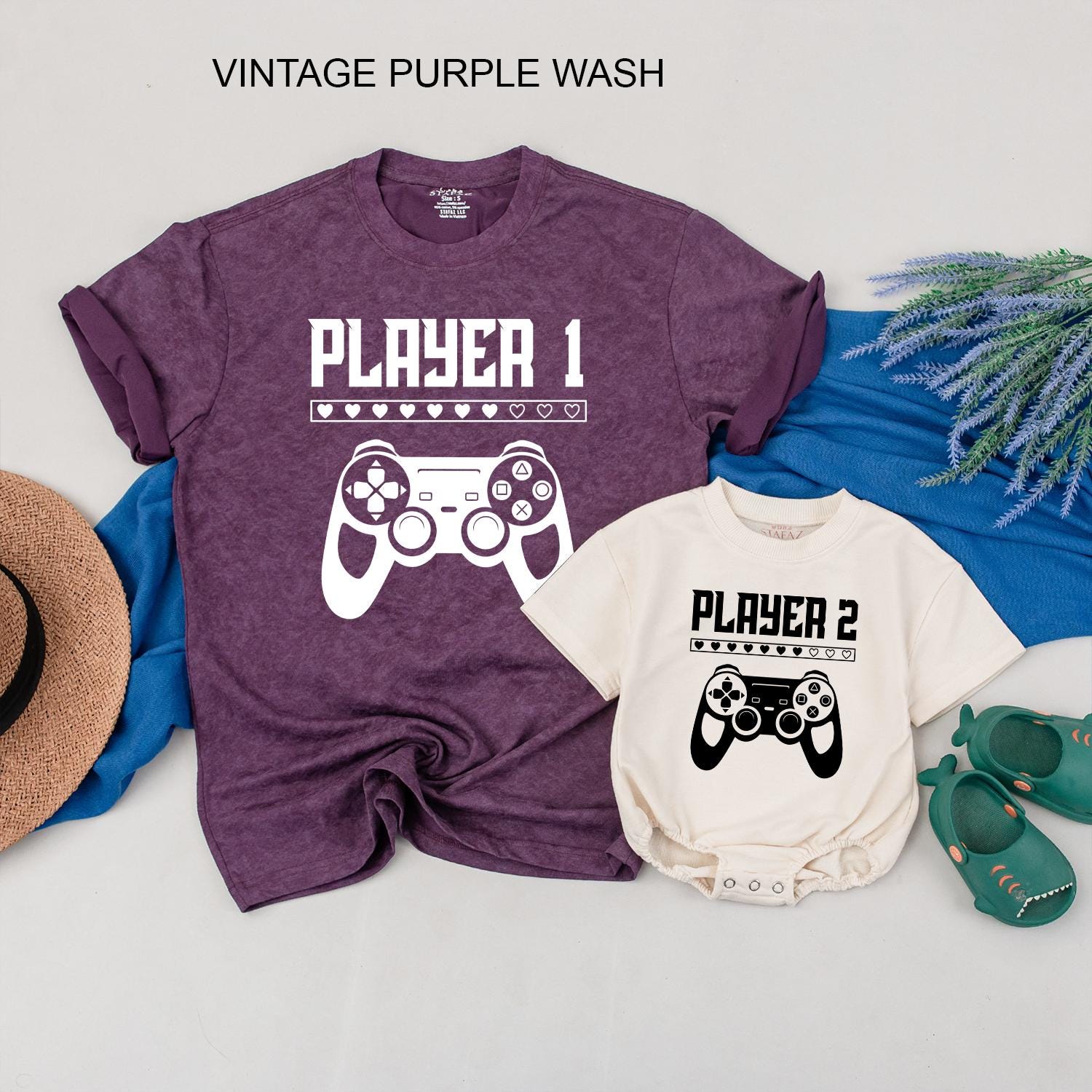 Player 1 Player 2 Matching Gamer Tees for Dad & Baby Video Game Controller Heart Design Father Son First Fathers Day Gift