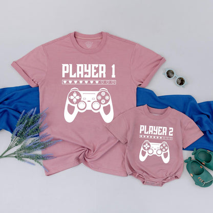 Player 1 Player 2 Matching Gamer Tees for Dad & Baby Video Game Controller Heart Design Father Son First Fathers Day Gift
