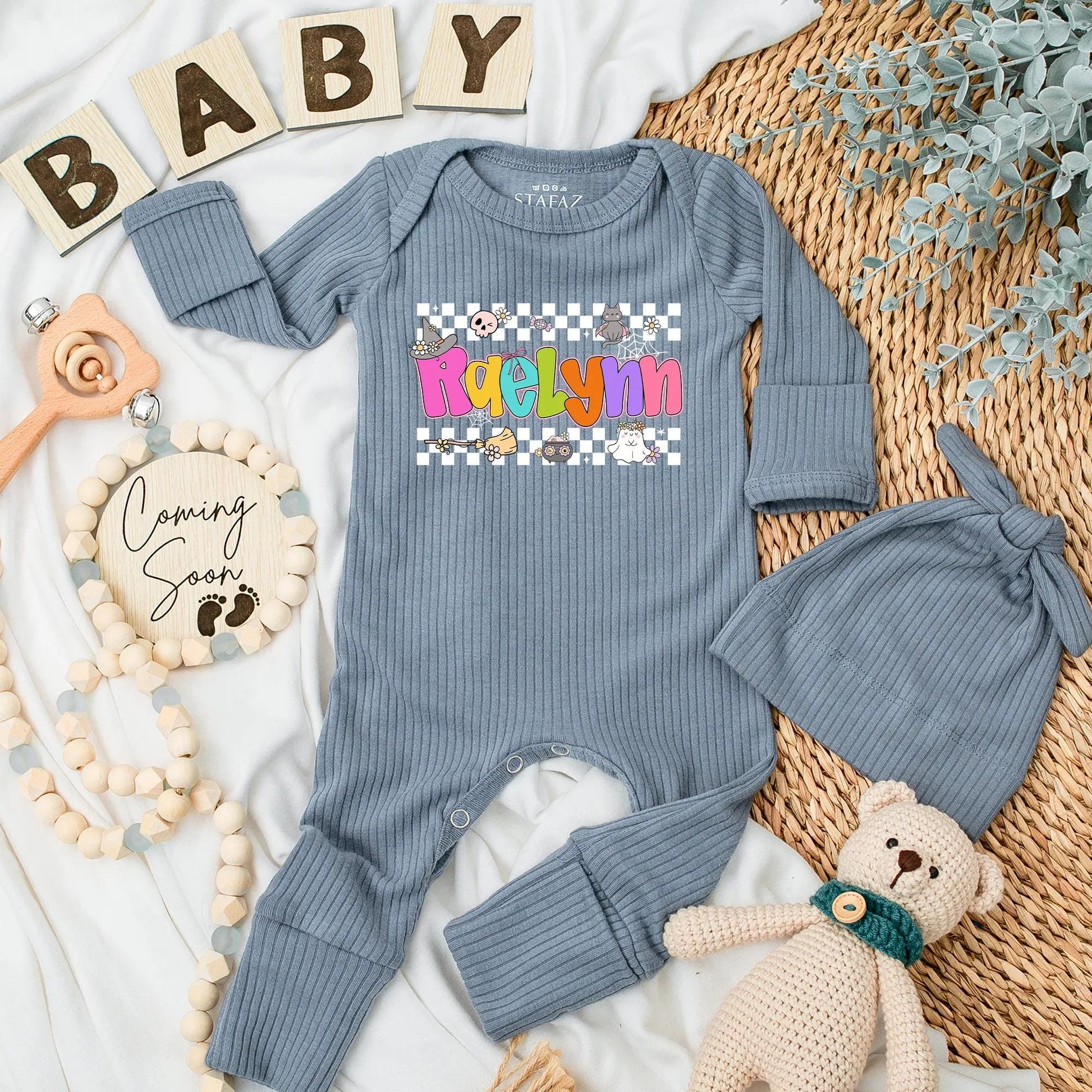 Personalized Raelynn Halloween Baby Bodysuit Retro Spooky Newborn Outfit Custom Name Baby Clothes First Halloween Gift