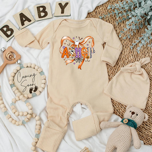 Ashton's Spooky Halloween Baby Bodysuit, Bow Ghost, Personalized Name Outfit, First Halloween Costume, Cute Spiderweb Design, Baby Shower Gift Clothes