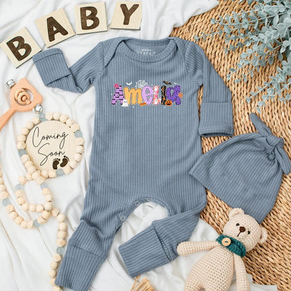 Amelia's Girly Halloween Baby Bodysuit Custom Name Ghost Bat Pumpkin Baby Girl Spooky Season Outfit Newborn Girl Gift