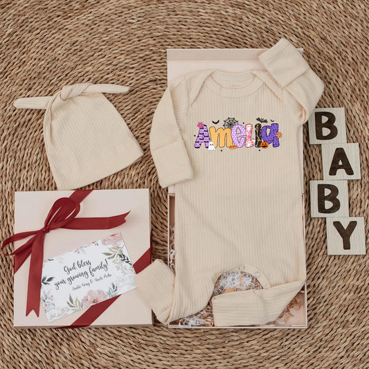 Amelia's Girly Halloween Baby Bodysuit Custom Name Ghost Bat Pumpkin Baby Girl Spooky Season Outfit Newborn Girl Gift