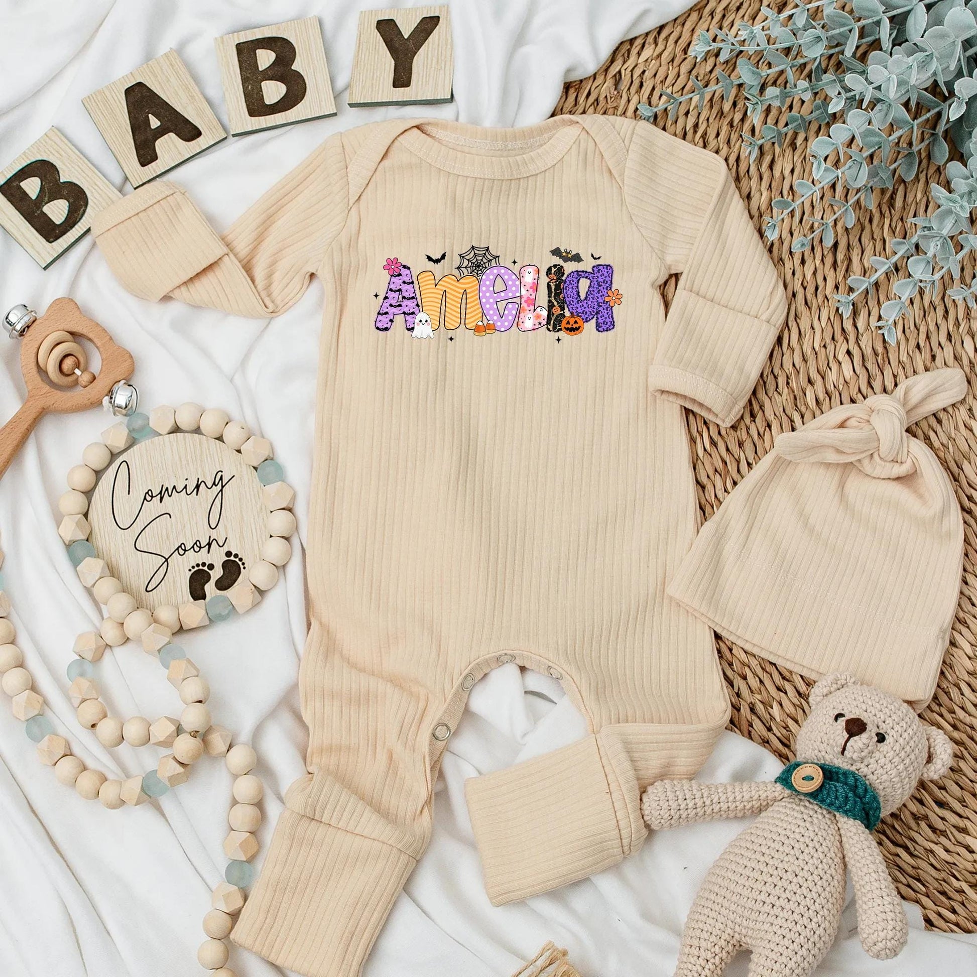 Amelia's Girly Halloween Baby Bodysuit Custom Name Ghost Bat Pumpkin Baby Girl Spooky Season Outfit Newborn Girl Gift