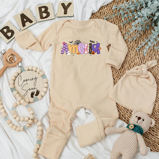 Amelia's Girly Halloween Baby Bodysuit Custom Name Ghost Bat Pumpkin Baby Girl Spooky Season Outfit Newborn Girl Gift