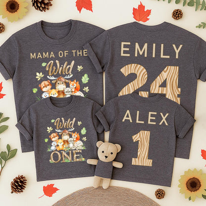 Personalized Wild One Birthday Family Matching Safari Shirts with Cute Watercolor Woodland Animals and Wood Grain Numbers Toddler Baby Cotton