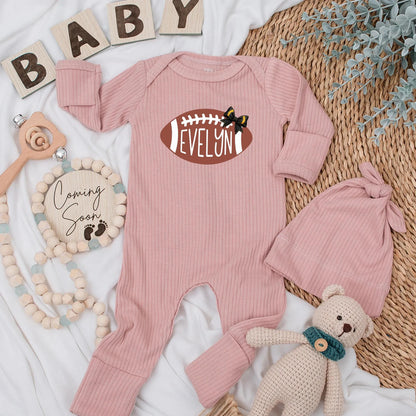 Evelyn Football Baby Girl Bodysuit Cute White Stitch Bow Newborn Game Day Outfit Custom Sports Romper Baby Shower Gift Idea