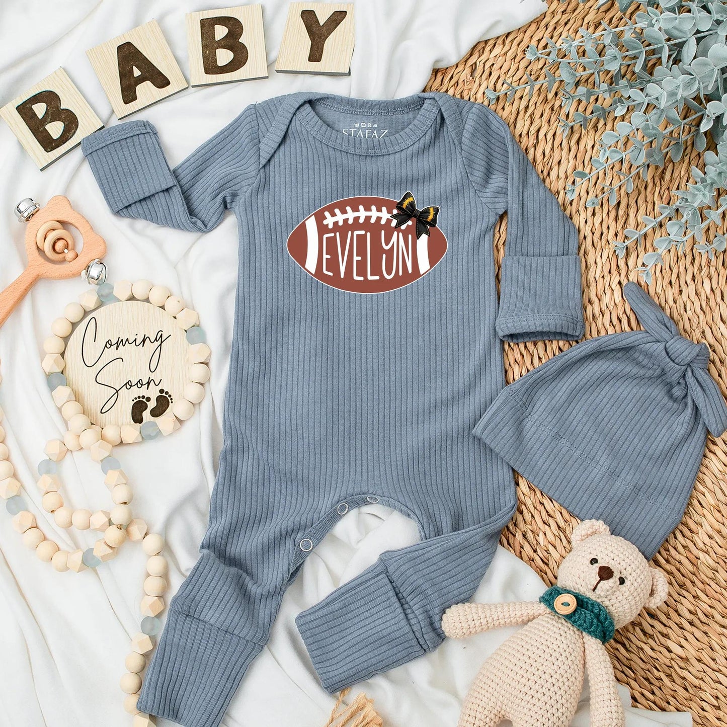 Evelyn Football Baby Girl Bodysuit Cute White Stitch Bow Newborn Game Day Outfit Custom Sports Romper Baby Shower Gift Idea