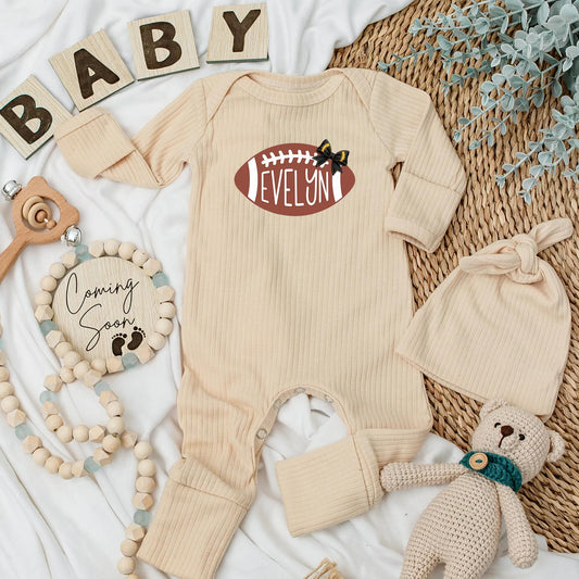 Evelyn Football Baby Girl Bodysuit Cute White Stitch Bow Newborn Game Day Outfit Custom Sports Romper Baby Shower Gift Idea