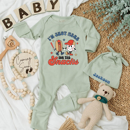 I'm Just Here for the Snacks Baby Bodysuit Retro Baseball Newborn Outfit Whimsical Game Day Fan Apparel New Baby Shower Gift