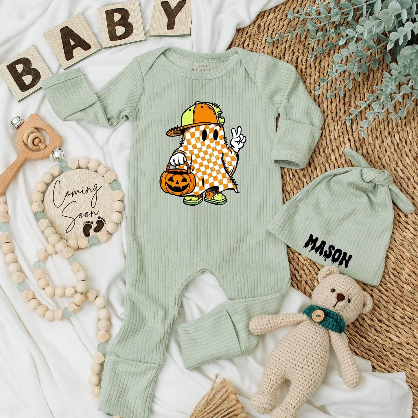 Retro Ghost Baby Boy Bodysuit Personalized Halloween Outfit Cute Pumpkin Boo Clothes Newborn Gift Spooky Season