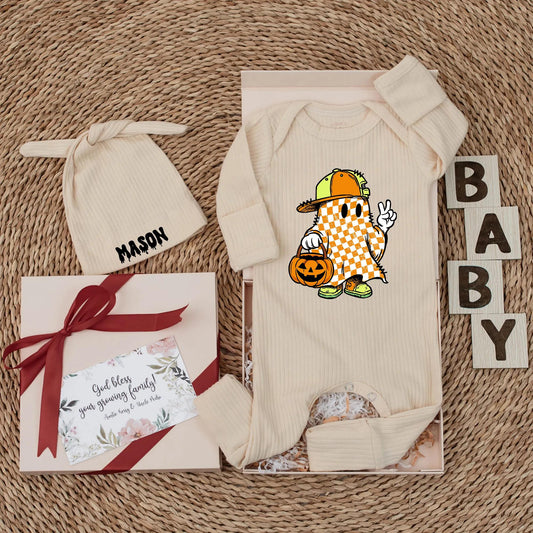 Retro Ghost Baby Boy Bodysuit Personalized Halloween Outfit Cute Pumpkin Boo Clothes Newborn Gift Spooky Season