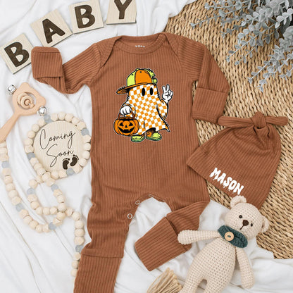 Retro Ghost Baby Boy Bodysuit Personalized Halloween Outfit Cute Pumpkin Boo Clothes Newborn Gift Spooky Season