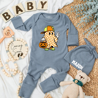 Retro Ghost Baby Boy Bodysuit Personalized Halloween Outfit Cute Pumpkin Boo Clothes Newborn Gift Spooky Season