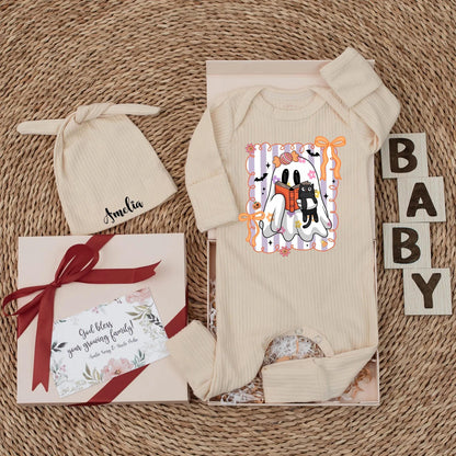 Halloween Ghost Baby Girl Bodysuit with Black Cat & Book Pink Purple Striped Playful Cartoon Spooky Season Newborn Gift