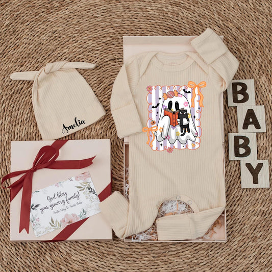 Halloween Ghost Baby Girl Bodysuit with Black Cat & Book Pink Purple Striped Playful Cartoon Spooky Season Newborn Gift