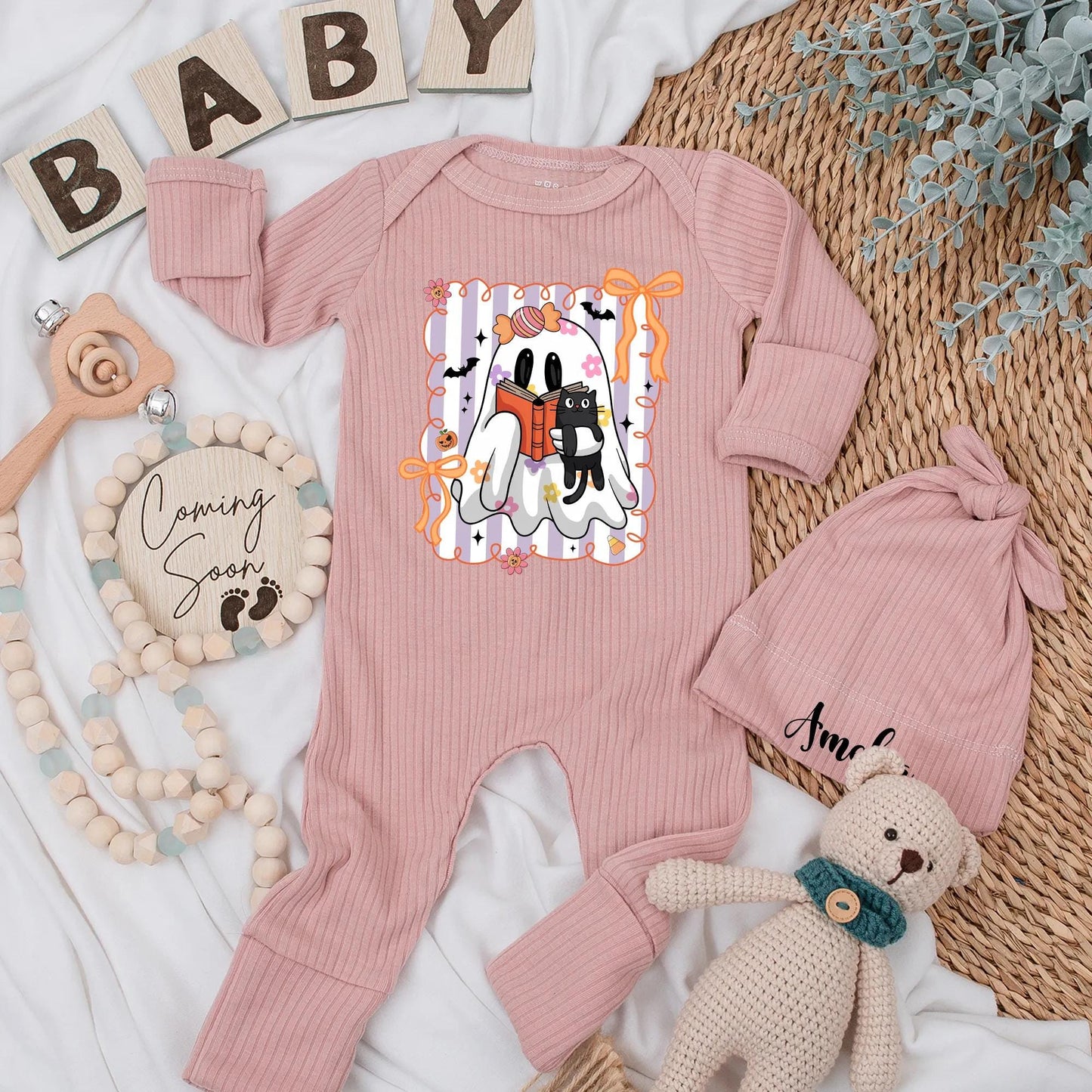 Halloween Ghost Baby Girl Bodysuit with Black Cat & Book Pink Purple Striped Playful Cartoon Spooky Season Newborn Gift