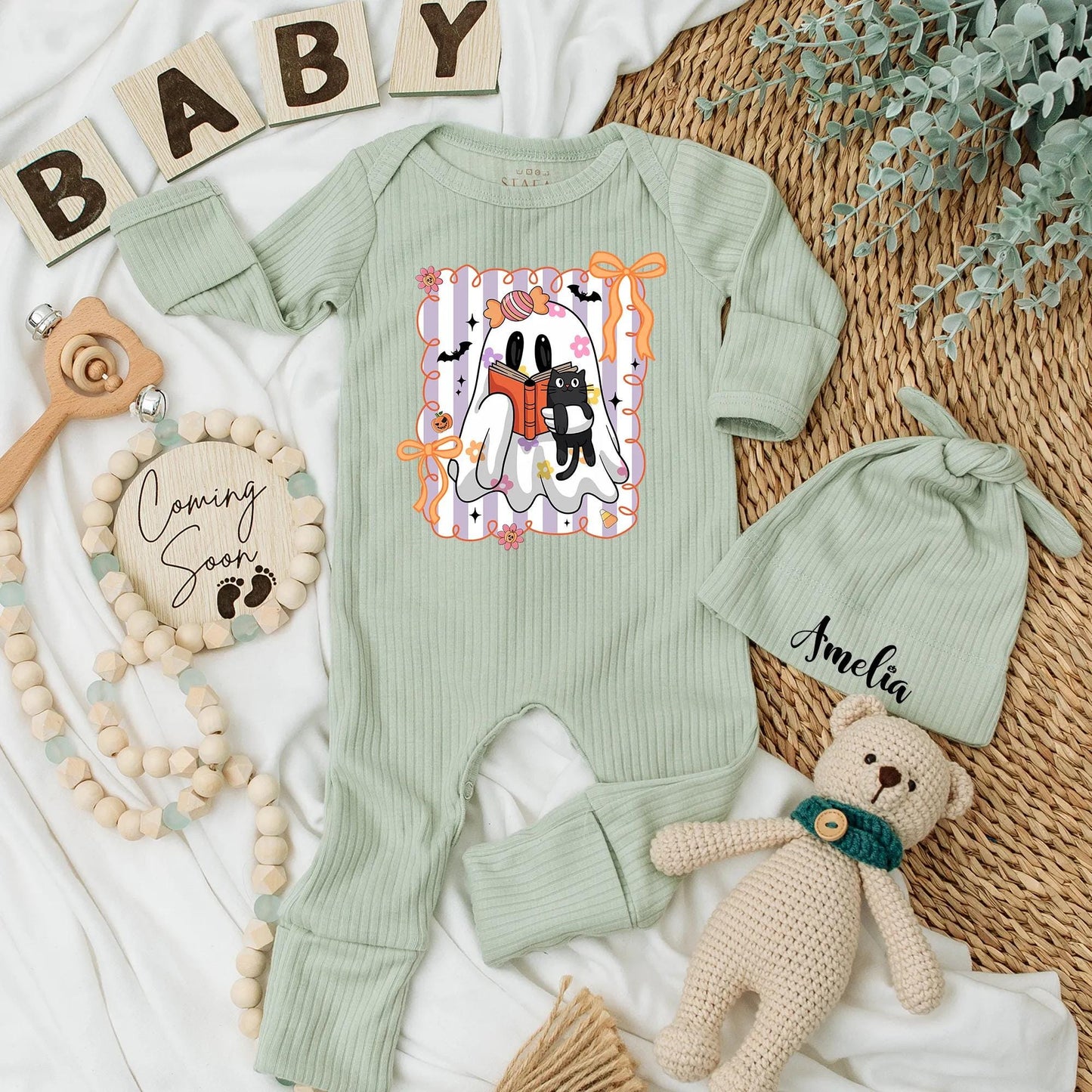 Halloween Ghost Baby Girl Bodysuit with Black Cat & Book Pink Purple Striped Playful Cartoon Spooky Season Newborn Gift
