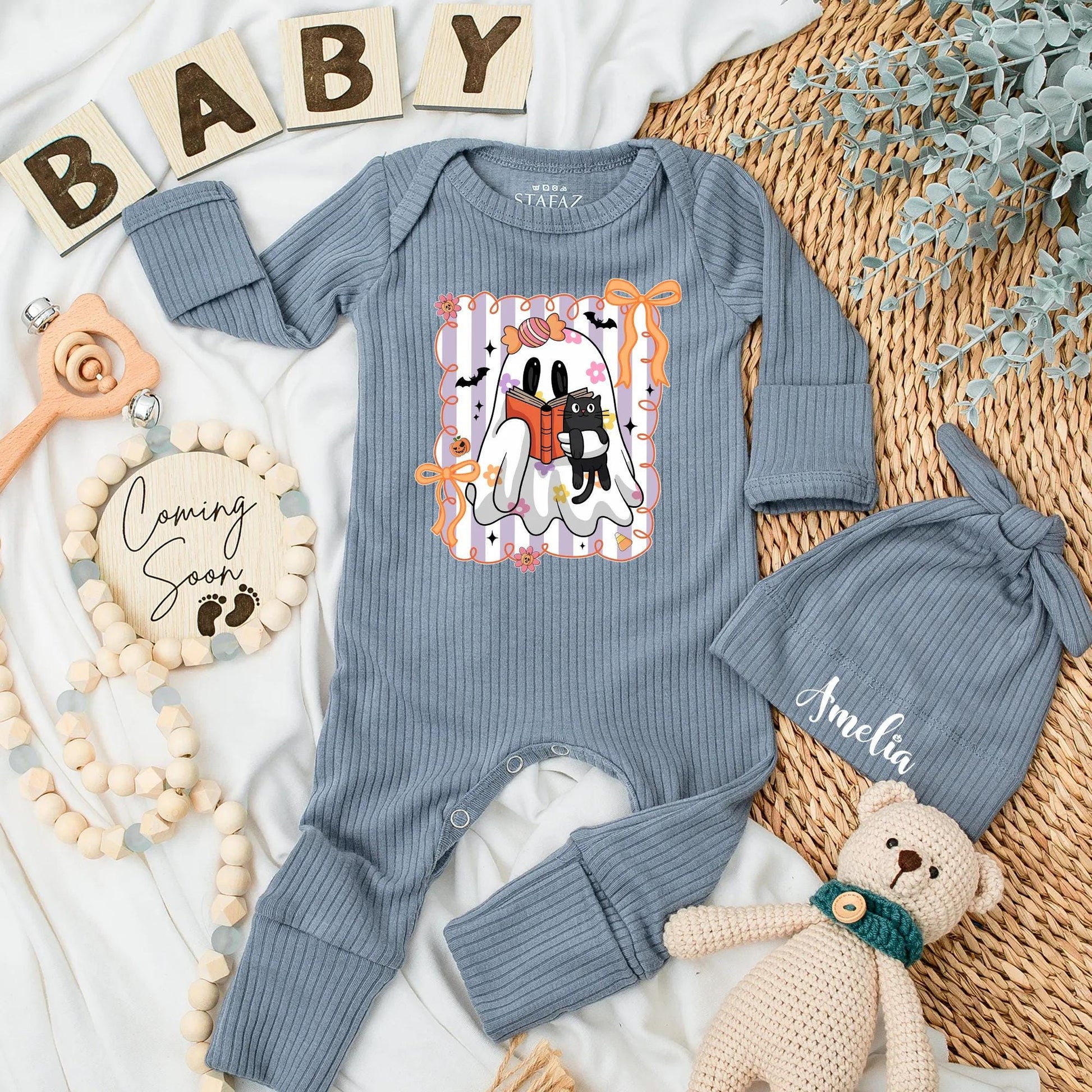 Halloween Ghost Baby Girl Bodysuit with Black Cat & Book Pink Purple Striped Playful Cartoon Spooky Season Newborn Gift