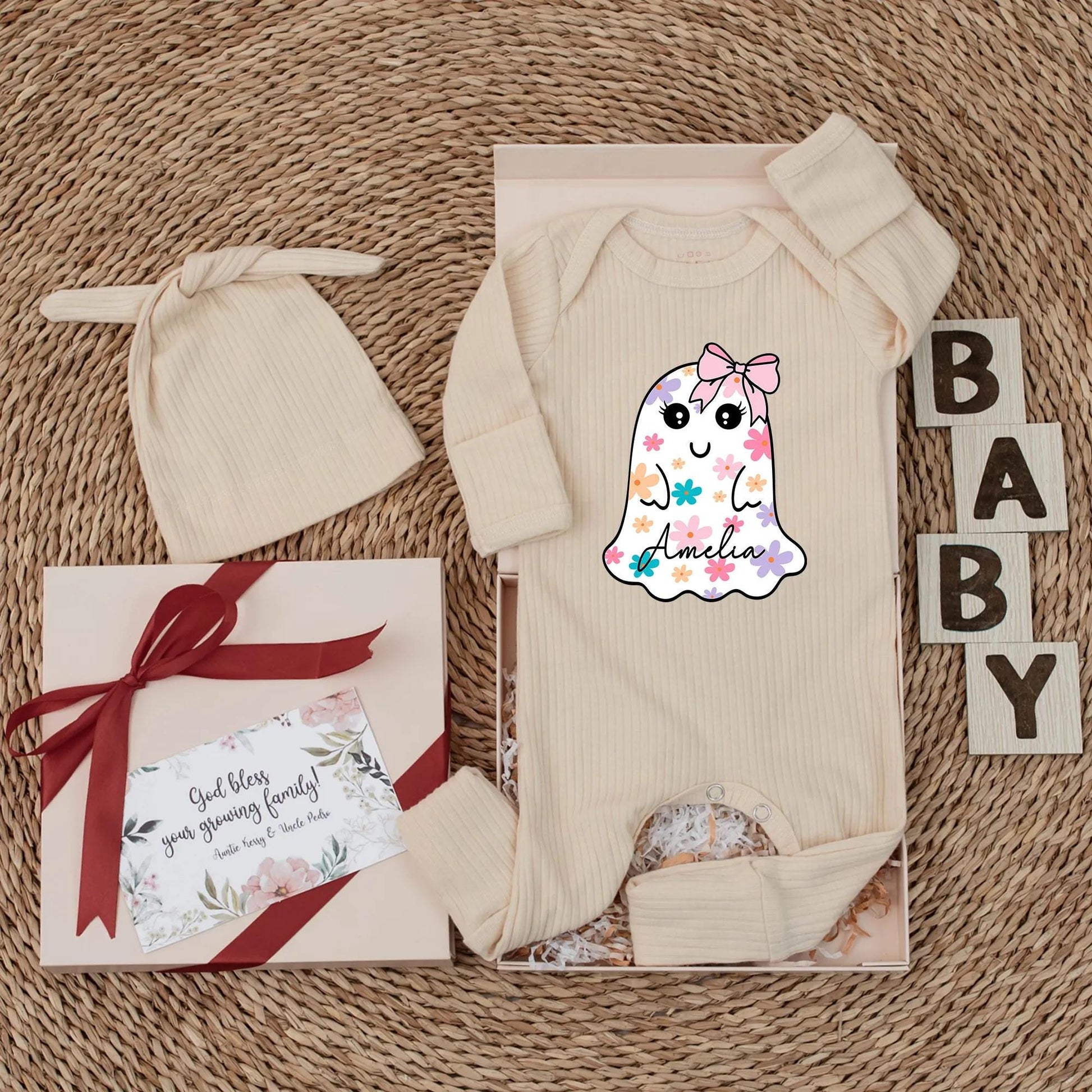 Amelia Floral Ghost Baby Girl Bodysuit Halloween Outfit Newborn Gift Cute Spooky Season Custom Baby Clothes Baby Shower