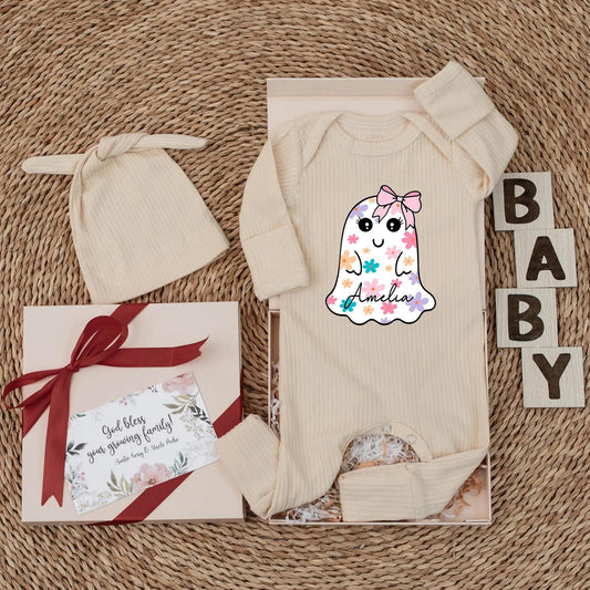 Amelia Floral Ghost Baby Girl Bodysuit Halloween Outfit Newborn Gift Cute Spooky Season Custom Baby Clothes Baby Shower