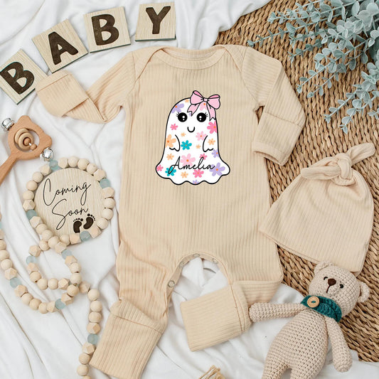 Amelia Floral Ghost Baby Girl Bodysuit Halloween Outfit Newborn Gift Cute Spooky Season Custom Baby Clothes Baby Shower