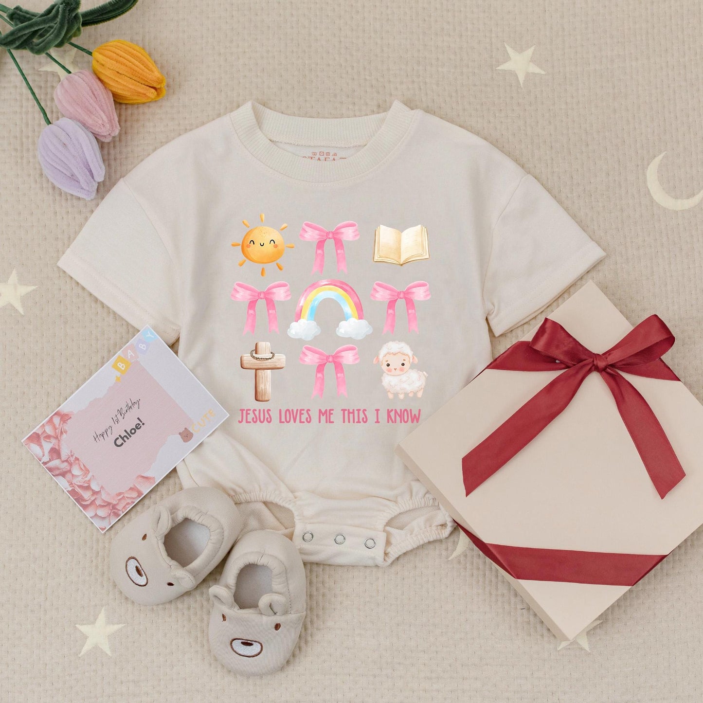 Jesus Loves Me Pastel Romper for Baby Girl, Christian Faith Outfit with Sun, Bows & Rainbows, Religious Toddler Clothes, Church Gift, Scripture Inspired 139