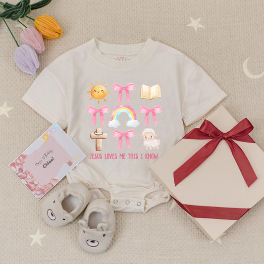 Jesus Loves Me Pastel Romper for Baby Girl, Christian Faith Outfit with Sun, Bows & Rainbows, Religious Toddler Clothes, Church Gift, Scripture Inspired 139