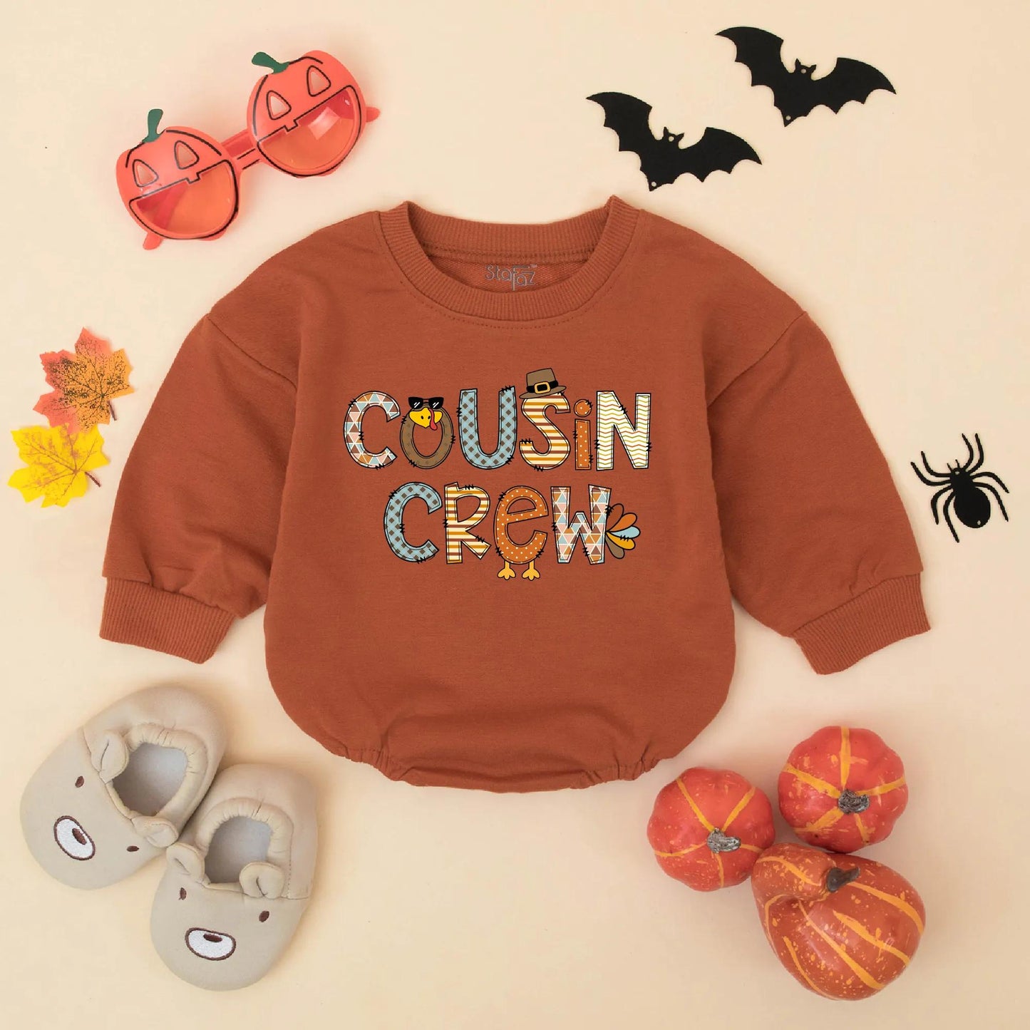 Cousin Crew Thanksgiving Romper Turkey Sweatshirt for Baby Toddler Girl Boy Matching Outfit Fall Colors Festive Apparel First Thanksgiving Gift (139 chars)