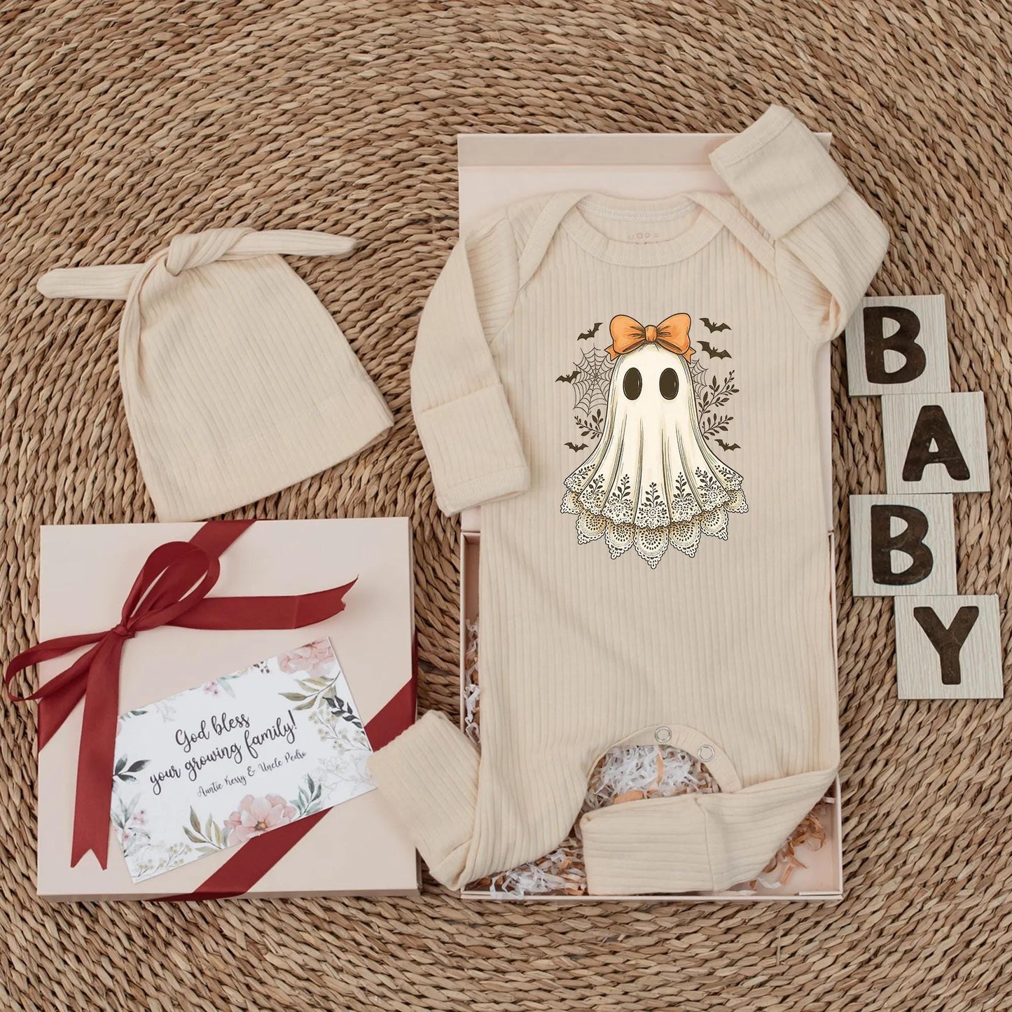 Vintage Ghost Baby Girl Bodysuit with Orange Bow, Cute Halloween Newborn Outfit, Spooky Lace Ghost Clothes, Baby Shower Gift, First Halloween