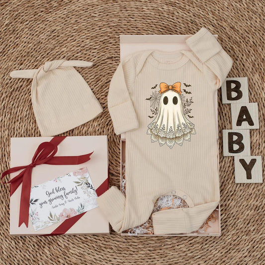 Vintage Ghost Baby Girl Bodysuit with Orange Bow, Cute Halloween Newborn Outfit, Spooky Lace Ghost Clothes, Baby Shower Gift, First Halloween