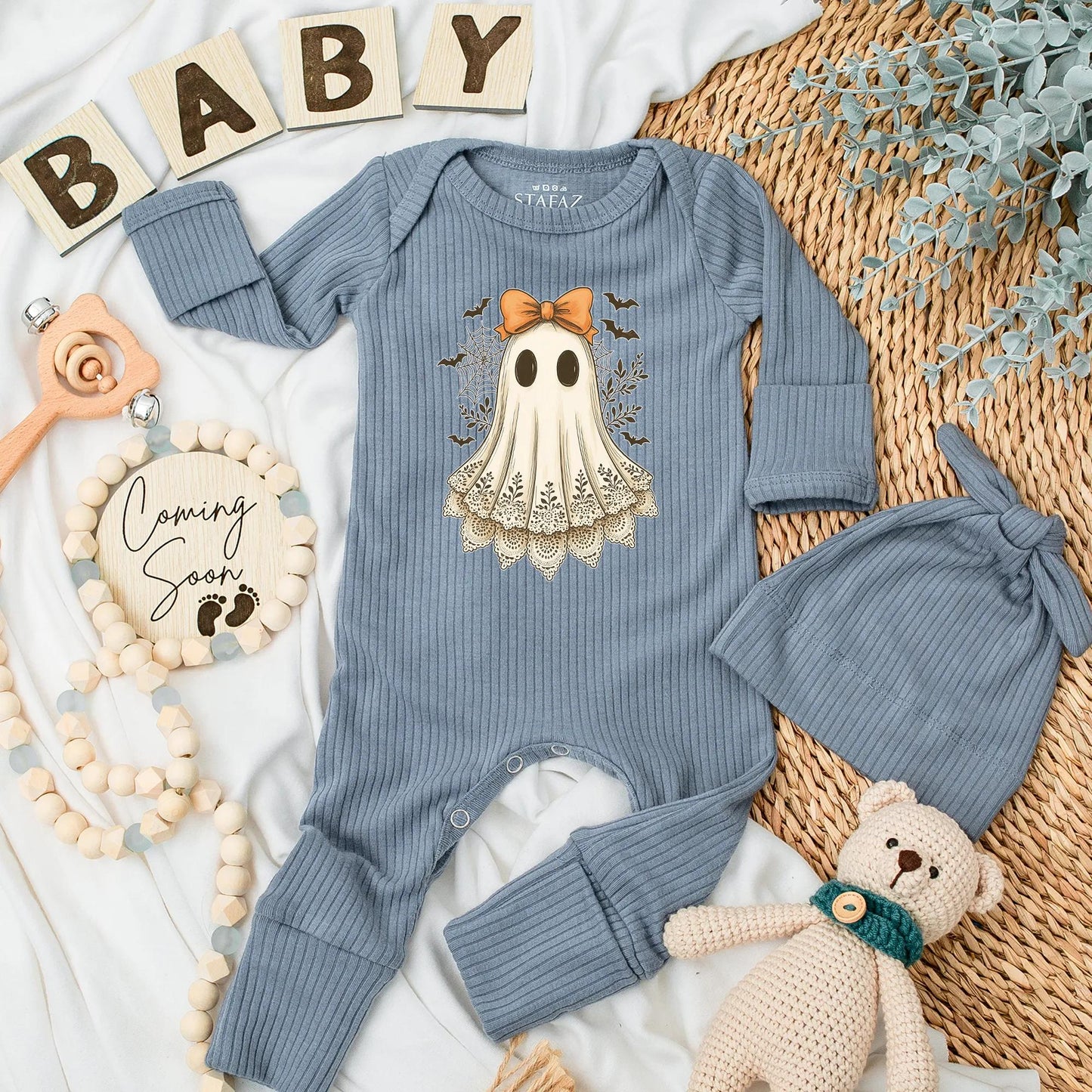 Vintage Ghost Baby Girl Bodysuit with Orange Bow, Cute Halloween Newborn Outfit, Spooky Lace Ghost Clothes, Baby Shower Gift, First Halloween