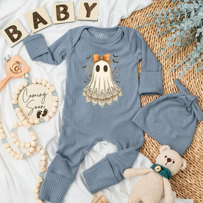 Vintage Ghost Baby Girl Bodysuit with Orange Bow, Cute Halloween Newborn Outfit, Spooky Lace Ghost Clothes, Baby Shower Gift, First Halloween