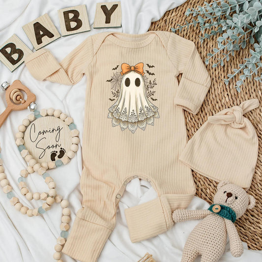 Vintage Ghost Baby Girl Bodysuit with Orange Bow, Cute Halloween Newborn Outfit, Spooky Lace Ghost Clothes, Baby Shower Gift, First Halloween
