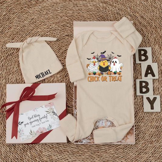 Chick or Treat Baby Bodysuit Funny Chicken Ghost Halloween Outfit Retro Spooky Season Newborn Clothes Custom Baby Shower Gift