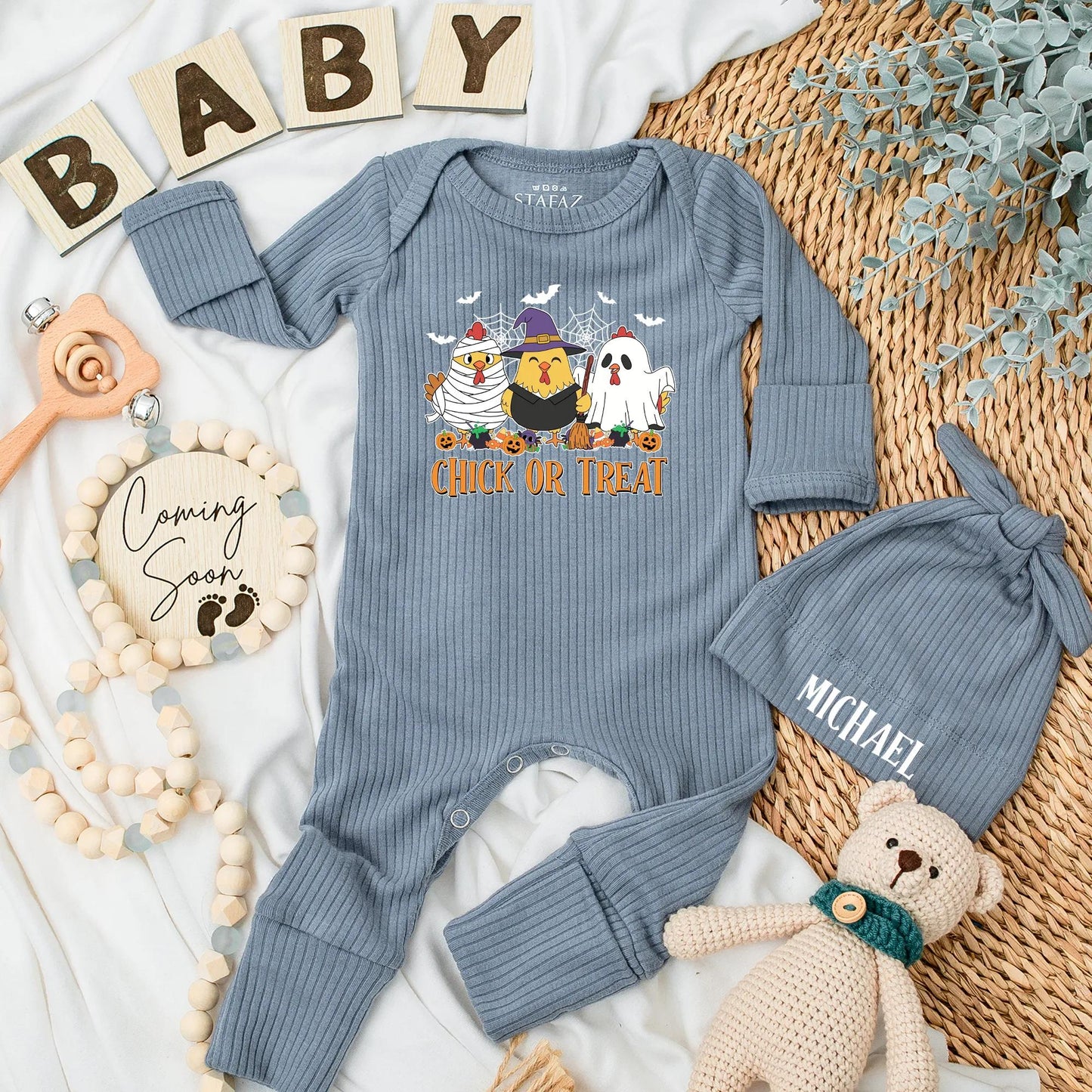 Chick or Treat Baby Bodysuit Funny Chicken Ghost Halloween Outfit Retro Spooky Season Newborn Clothes Custom Baby Shower Gift