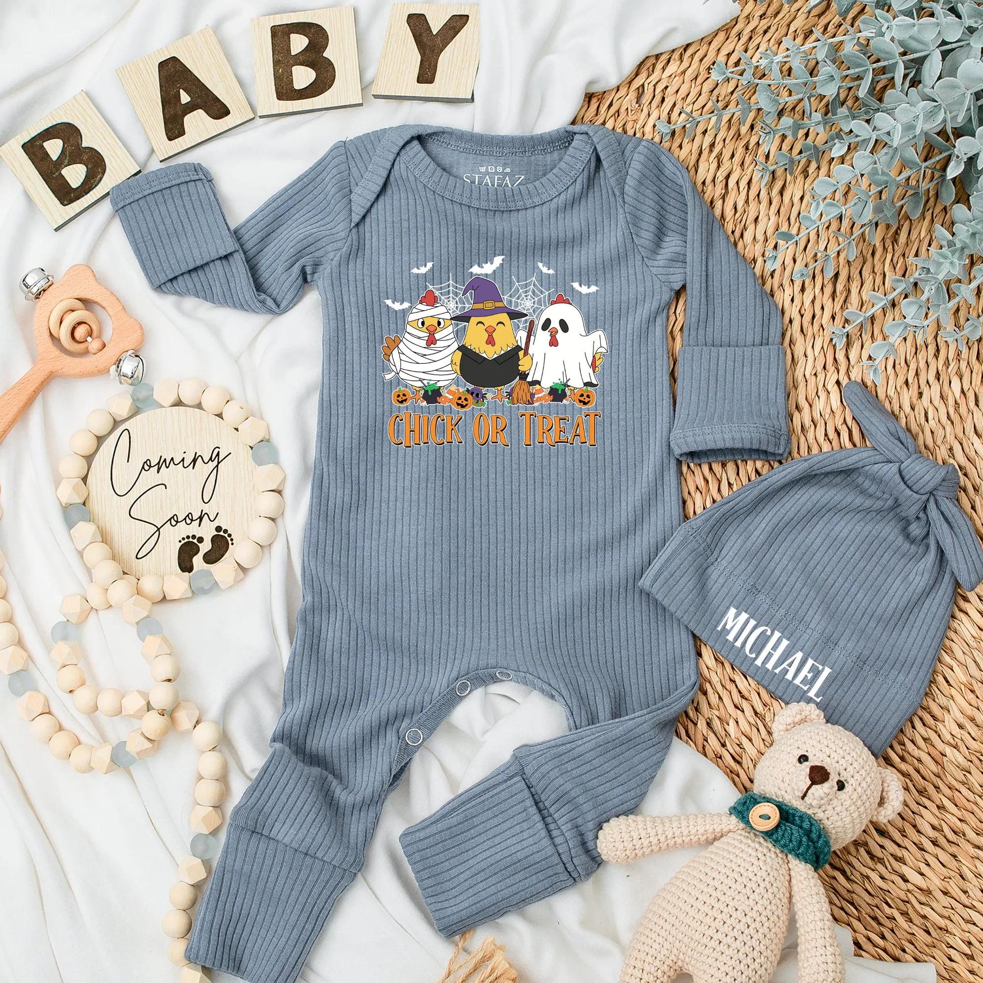 Chick or Treat Baby Bodysuit Funny Chicken Ghost Halloween Outfit Retro Spooky Season Newborn Clothes Custom Baby Shower Gift