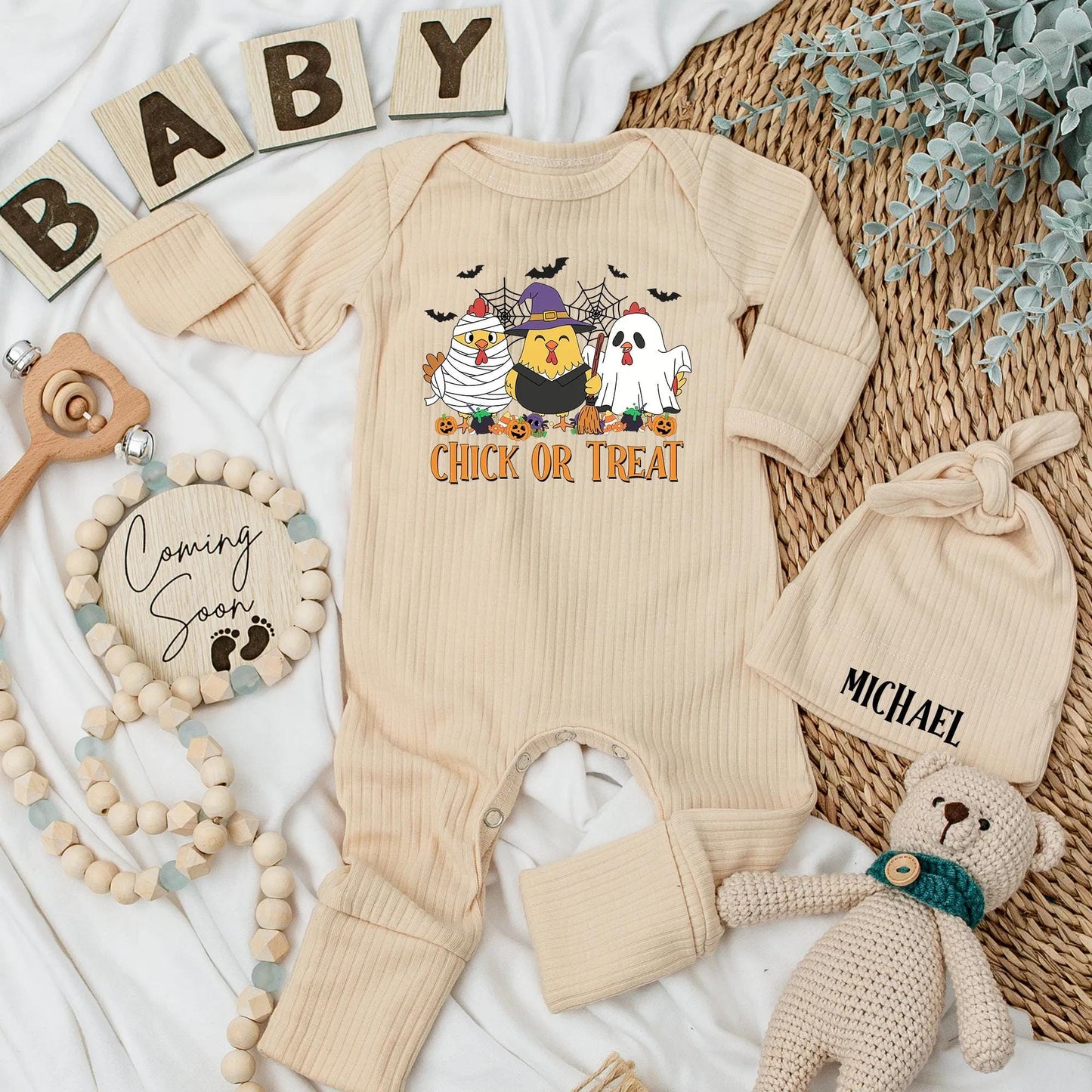 Chick or Treat Baby Bodysuit Funny Chicken Ghost Halloween Outfit Retro Spooky Season Newborn Clothes Custom Baby Shower Gift
