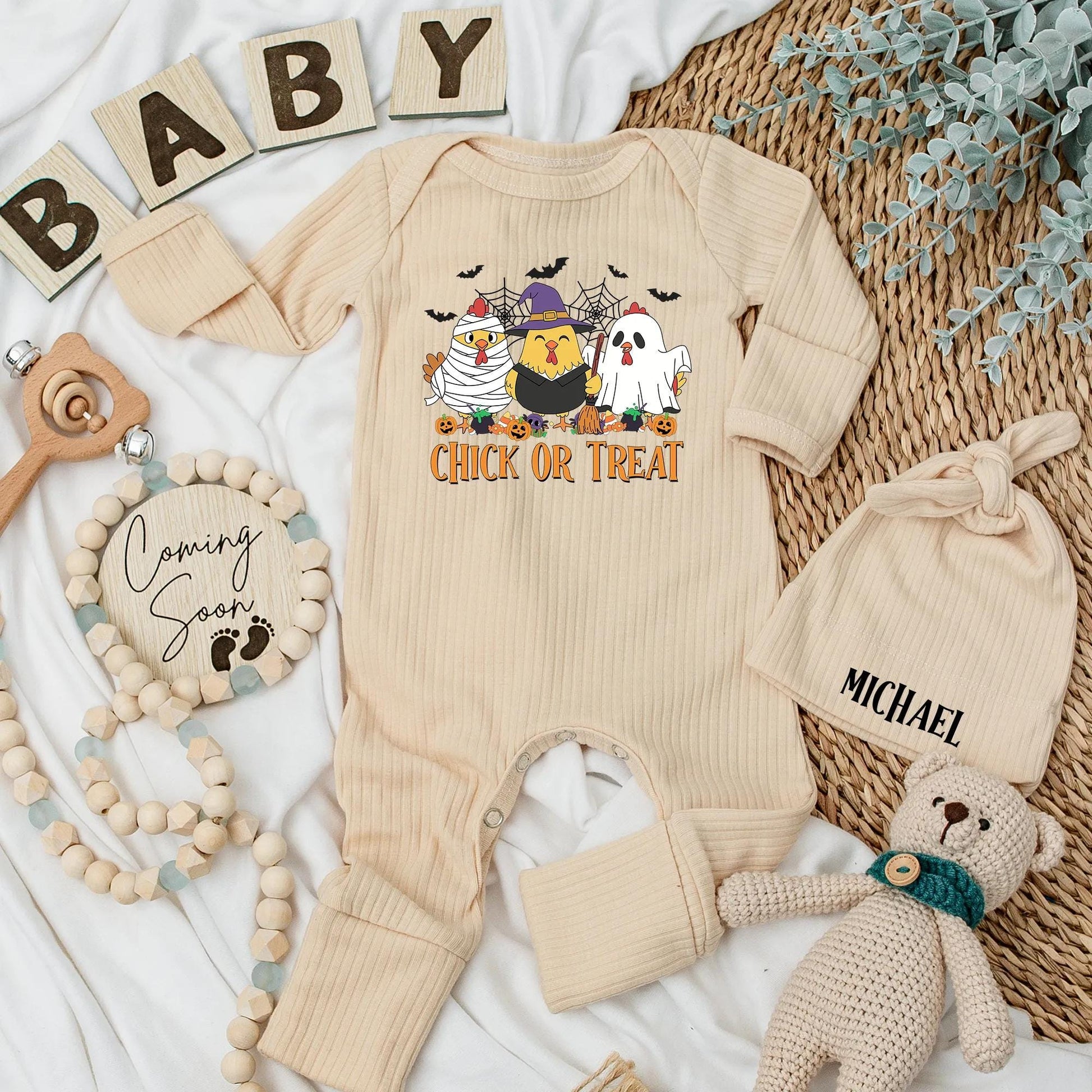 Chick or Treat Baby Bodysuit Funny Chicken Ghost Halloween Outfit Retro Spooky Season Newborn Clothes Custom Baby Shower Gift