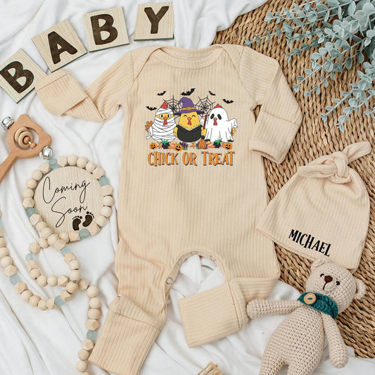 Chick or Treat Baby Bodysuit Funny Chicken Ghost Halloween Outfit Retro Spooky Season Newborn Clothes Custom Baby Shower Gift