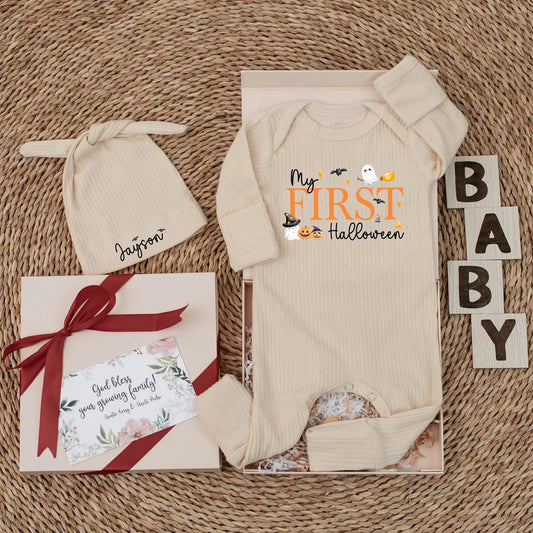 Personalized My First Halloween Baby Bodysuit with Cute Ghost Pumpkin Bat Design, Adorable Newborn Outfit for Spooky Season Baby Shower Gift