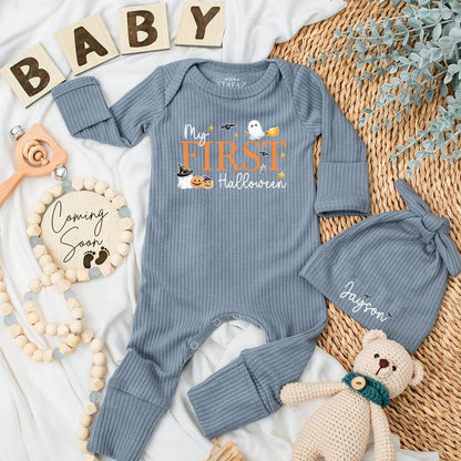 Personalized My First Halloween Baby Bodysuit with Cute Ghost Pumpkin Bat Design, Adorable Newborn Outfit for Spooky Season Baby Shower Gift