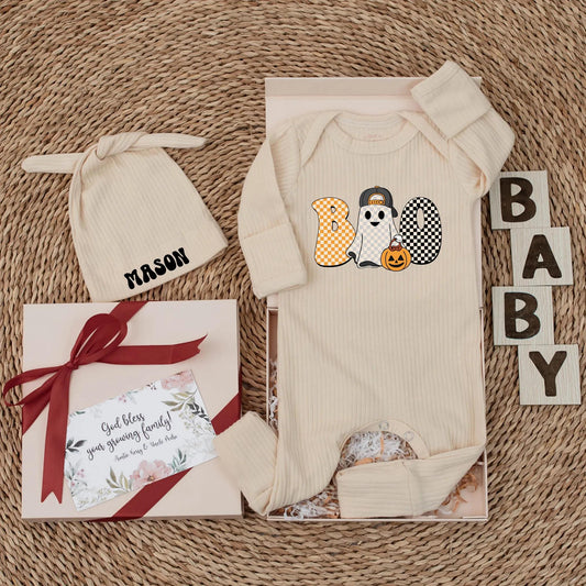 Boo Ghost Baby Boy Bodysuit Retro Halloween Outfit, First Halloween Costume Gift, Spooky Season Newborn Shower, Black & White Checker Design
