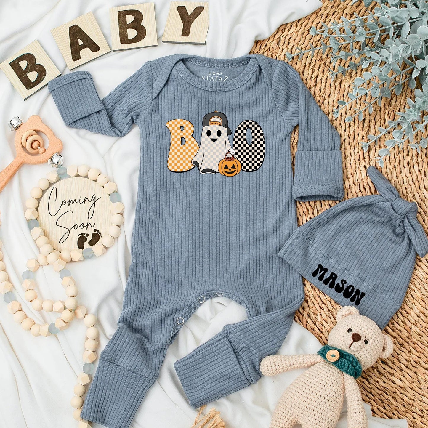 Boo Ghost Baby Boy Bodysuit Retro Halloween Outfit, First Halloween Costume Gift, Spooky Season Newborn Shower, Black & White Checker Design