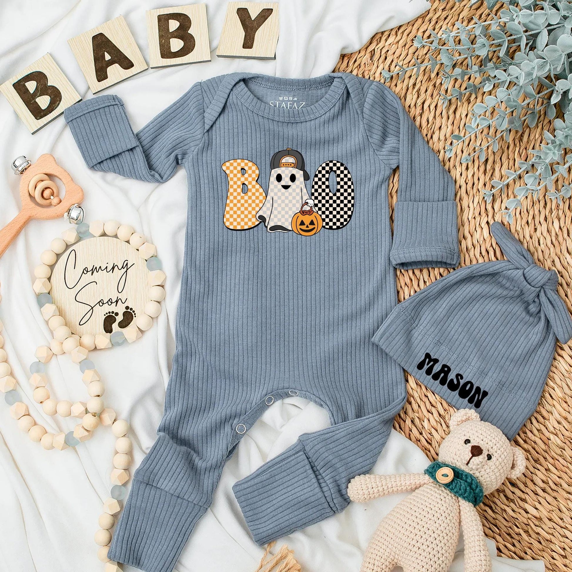 Boo Ghost Baby Boy Bodysuit Retro Halloween Outfit, First Halloween Costume Gift, Spooky Season Newborn Shower, Black & White Checker Design