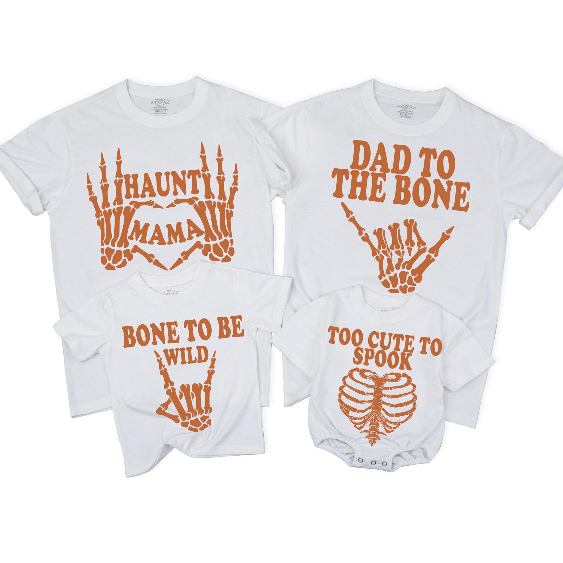 Matching Family Halloween Shirts Dad to the Bone Haunt Mama Creep it Real Bone to be Wild Too Cute to Spook Skeletons Rib Cage Burnt Orange Group Outfits