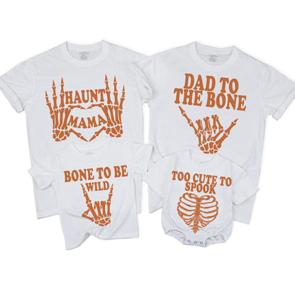 Matching Family Halloween Shirts Dad to the Bone Haunt Mama Creep it Real Bone to be Wild Too Cute to Spook Skeletons Rib Cage Burnt Orange Group Outfits