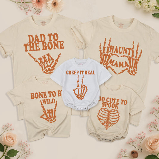 Matching Family Halloween Shirts Dad to the Bone Haunt Mama Creep it Real Bone to be Wild Too Cute to Spook Skeletons Rib Cage Burnt Orange Group Outfits