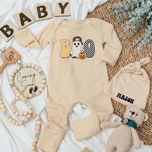 Boo Ghost Baby Boy Bodysuit Retro Halloween Outfit, First Halloween Costume Gift, Spooky Season Newborn Shower, Black & White Checker Design