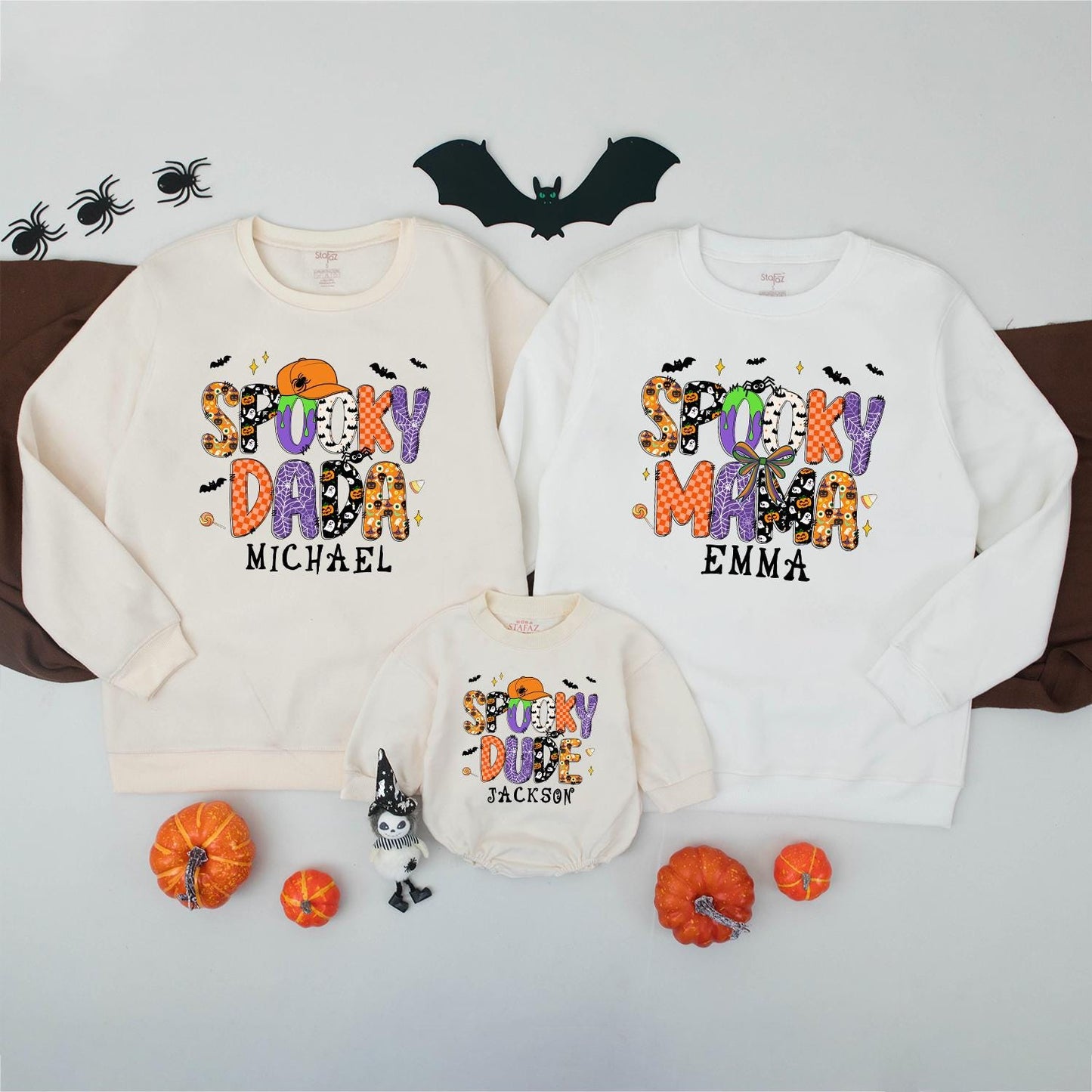 Personalized Spooky Dada Sweatshirt: Retro Halloween Family Matching Outfit with Custom Name, Playful Ghost & Pumpkin Design, Spooky Season Sweater 138