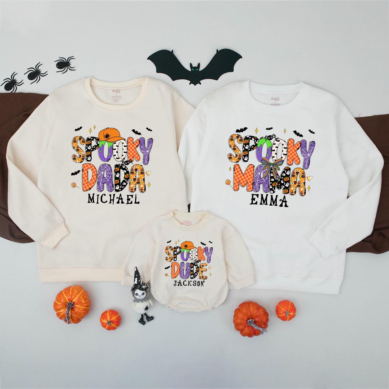 Personalized Spooky Dada Sweatshirt: Retro Halloween Family Matching Outfit with Custom Name, Playful Ghost & Pumpkin Design, Spooky Season Sweater 138